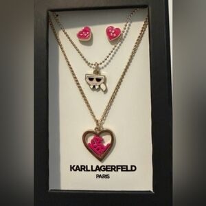 Karl Lagerfeld Gold Tone Layered Necklace with Pink Heart and Icon Pendant